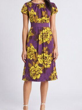 Boden Selina Pleated Sheath Dress Purple Yellow Floral Belted Cap Sleeve Midi
